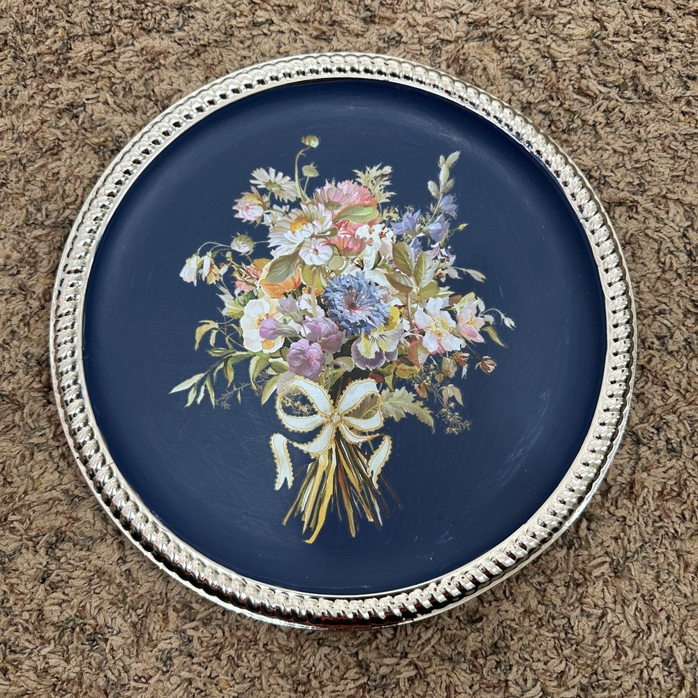 Painted/Transfer Round Floral Serving Tray Navy Blue Silver Gallery Rim 11 Inch